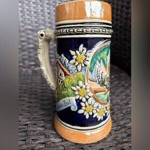 Vtg German Ceramic Beer Stein with bird edelweiss flowers and village Design